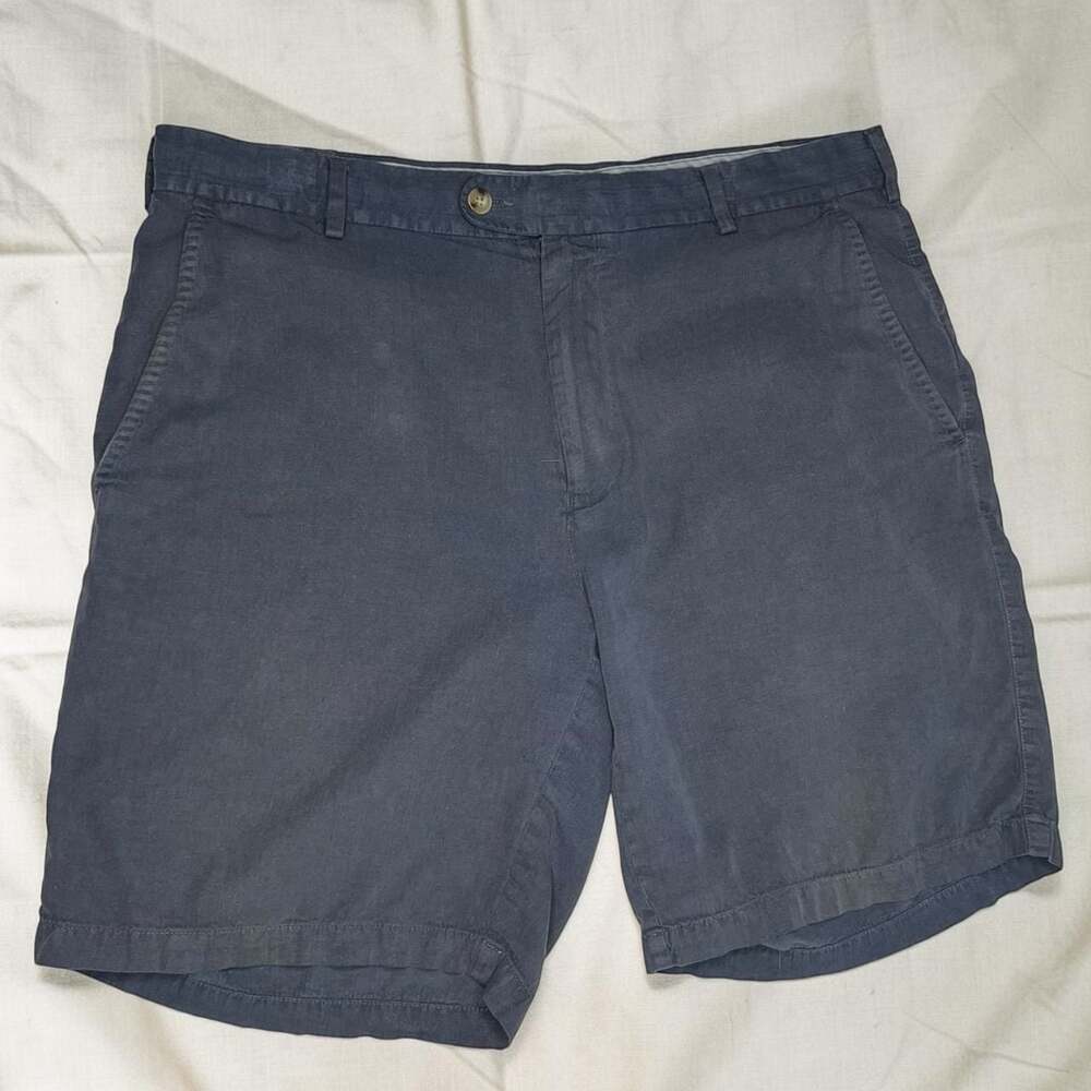 Peter Millar Men's Linen Silk Cotton Blend Navy Blue Flat Front Shorts